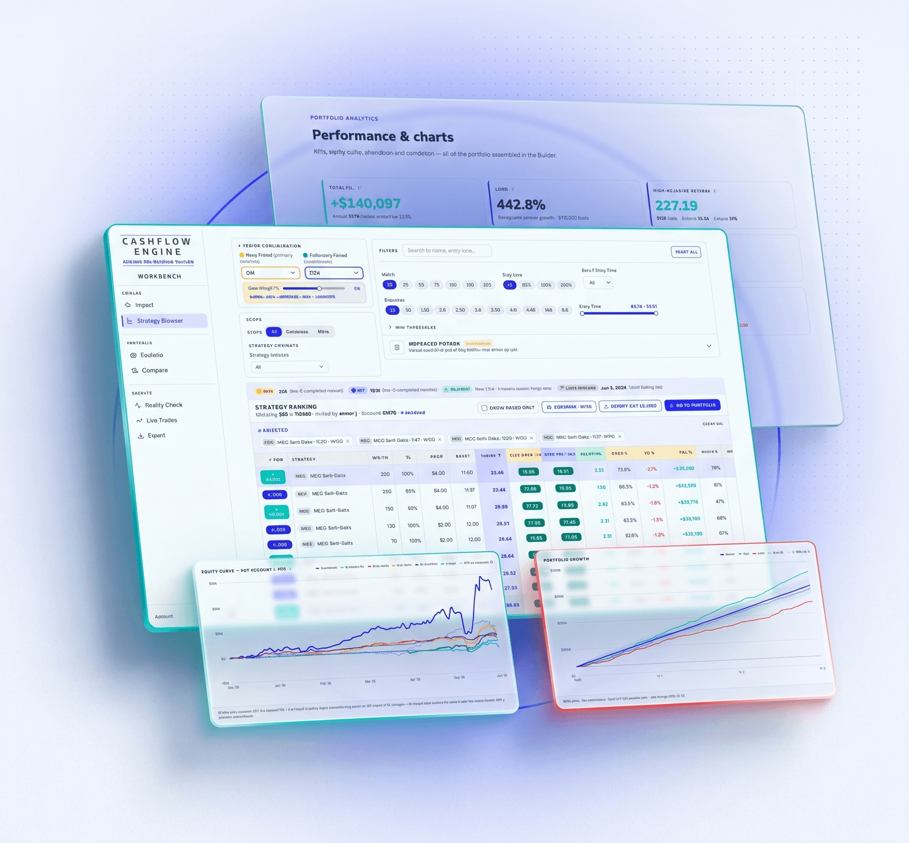 CashFlow Engine Workbench — strategy browser, analytics and Monte Carlo charts